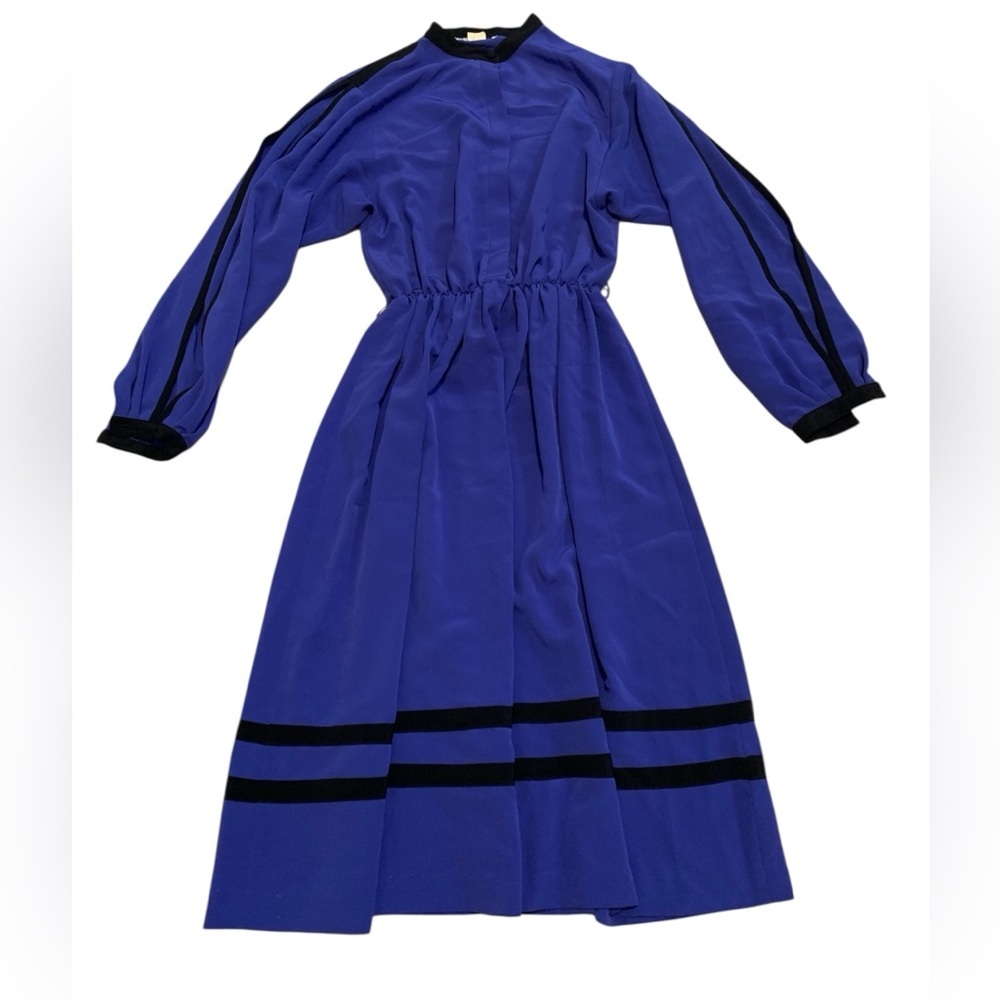 Vintage 70s Mannequin Royal Blue & Black Long Sleeve Maxi Dress - Size 9/10